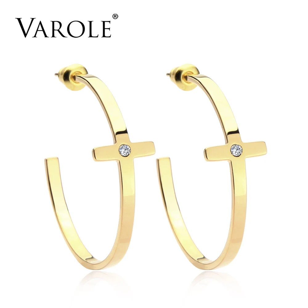 VAROLE Cross Shining Crystal Circle Large Hoop Earrings Stainless Steel Earings Big Hoops Earring For Women Brincos Grandes