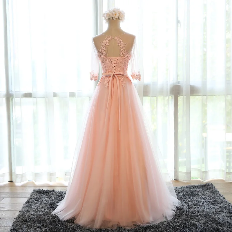 SSYFashion-Robe de Soirée en Dentelle Transparente, Rose Doux, Col Rond, Demi-Manches, Broderie, Ligne A, Longue, Tenue de Bal