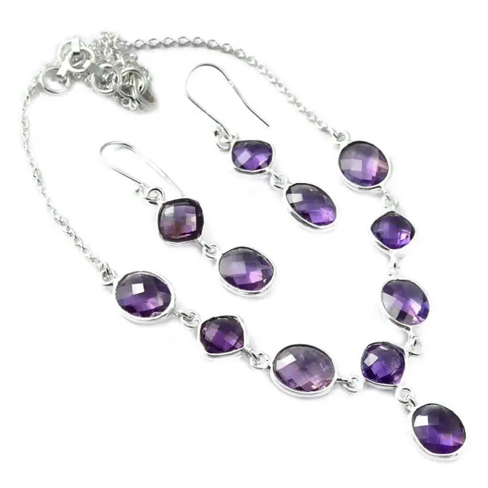 Genunie Amethyst Necklace + Earrings set 925 Sterling Silver, 46 cm,   NE0146