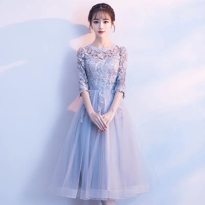 Banquet Bridesmaid Dresses 2019 New Fashion Elegant Wedding Party Dresses Black Half Sleeve Illusion O-neck Knee Length