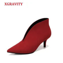 XGRAVITY 2024 Pop Sexy Pointed Toe Girl Thin Heel Woman Shoes Deep V Design Lady Fashion Shoes Elegant European Women Shoes A059