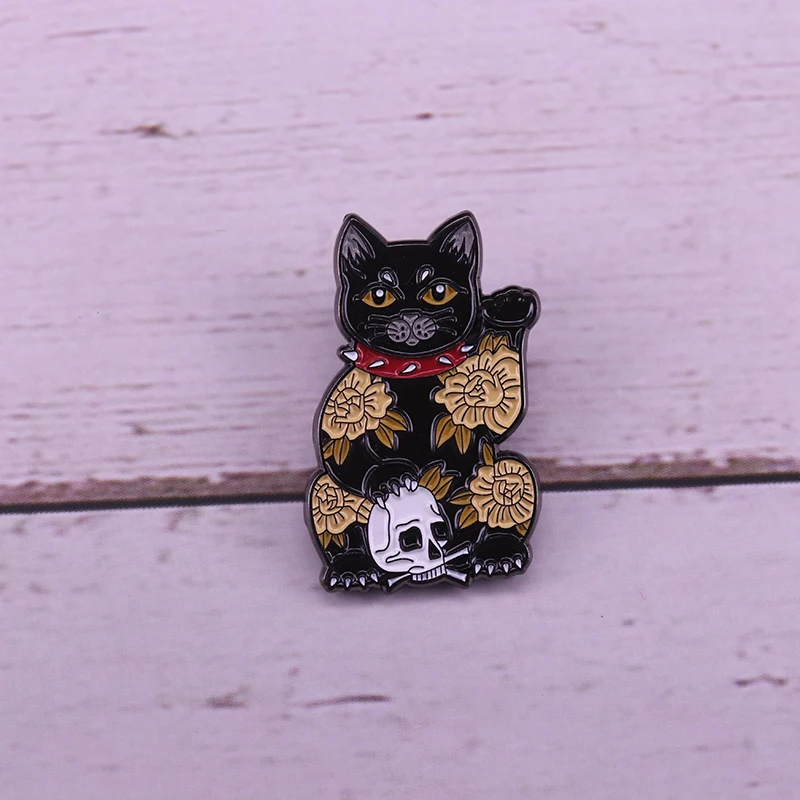 Japanese Sakura bad fortune cat enamel pin skull brooch