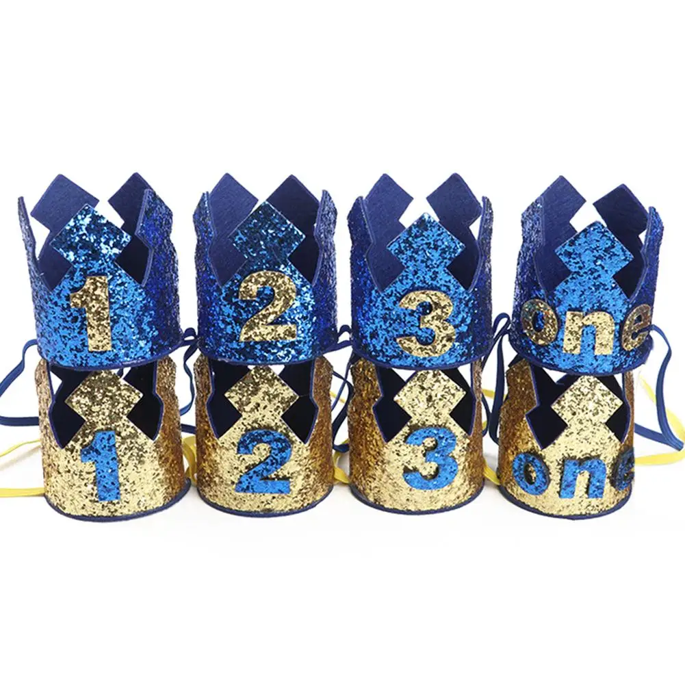 Boys Girls Blue Gold First Birthday Hat Glitter Girl Gold Pink Princess Crown Number 1st 2 3 Year Old Party Baby Shower Decor