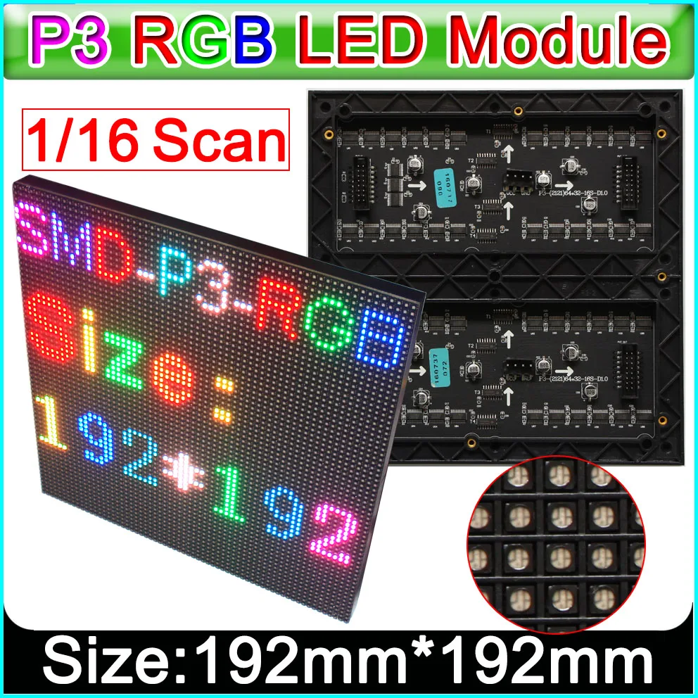 

High refresh rate P3 Indoor Full color LED display module With Protective cover,1/16scan 192mm x 192mm LED panel