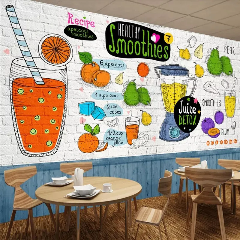 Custom wallpaper hand-painted restaurant tea shop fruit shop background wall painting advanced waterproof material