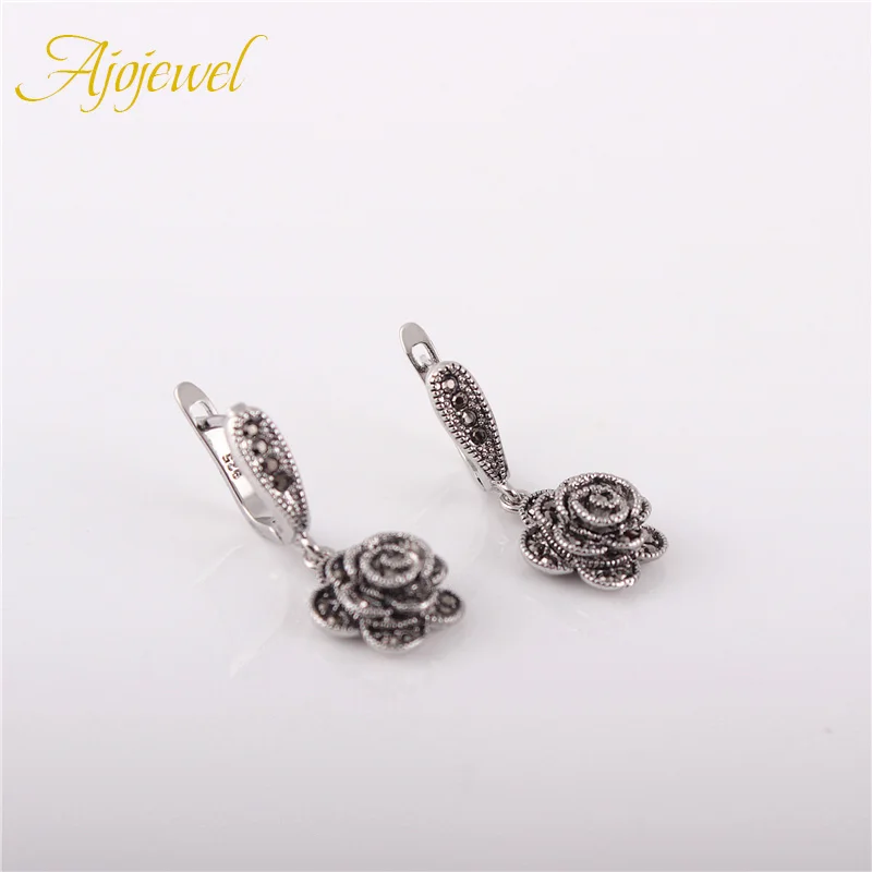 Ajojewel Vintage Black CZ Rose Flower Earrings For Women Silver-color Ear Drop Chic Jewelry