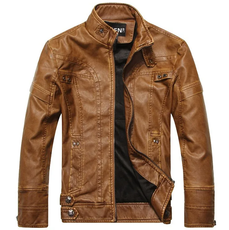 Jaqueta de couro motoqueiro masculina, jaqueta clássica lavadora de couro pu com gola redonda quente para outono, bomber