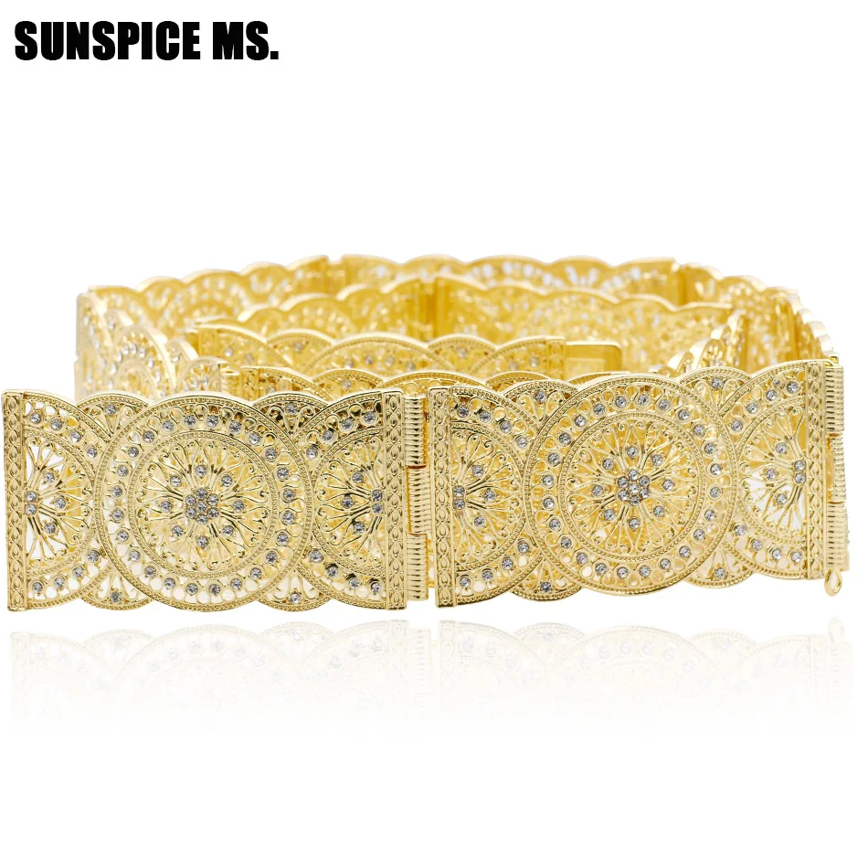 Sunspicems Gold Silver Color Algeria Moroccan Belt For Women Rhinestone Bridal Wedding Jewelry Arab Robe Caftan Waist Belt Chain