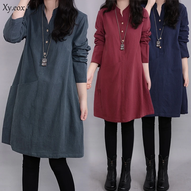 Cotton Linen Women\'s Long Sleeve Dress Ladies Solid Casual Loose Party Dress New