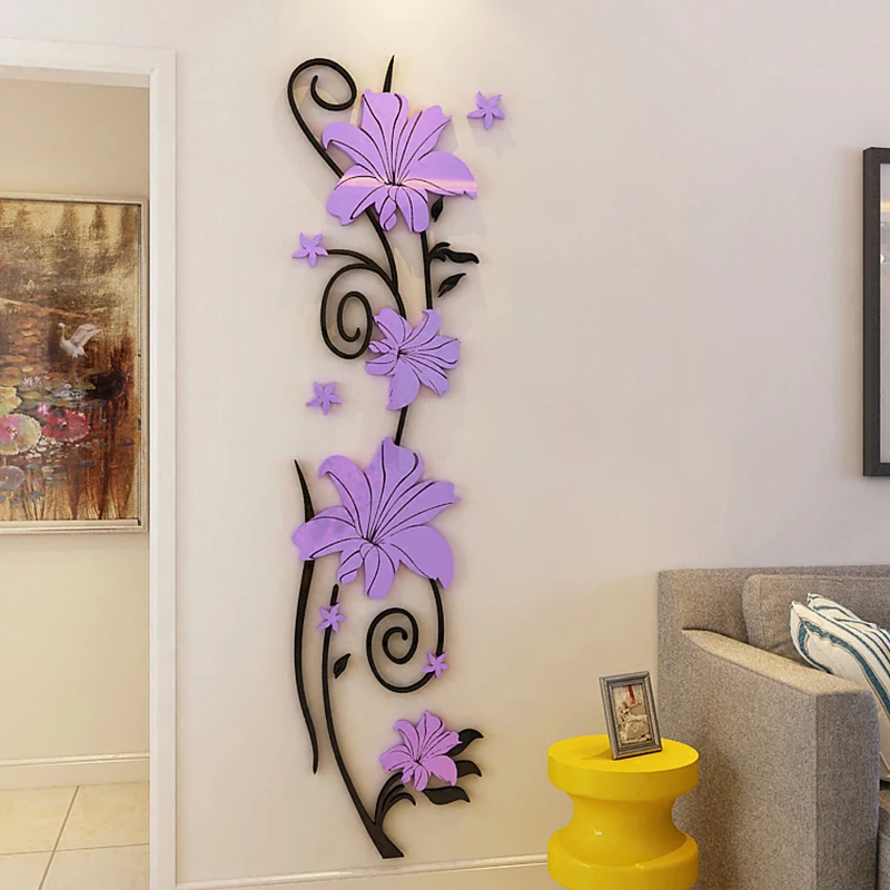 Flower Vine Acrylic Crystal 3D Wall Stickers, TV Background, DIY Art Wall Decor, Living Room, Bedroom, Creative Home Decoration