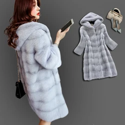 New Winter Warm Artificial Decent Faux Mink Fur Coat with Hood Luxury Fake Fur Coats Plus Size Outwear Women Overcoat