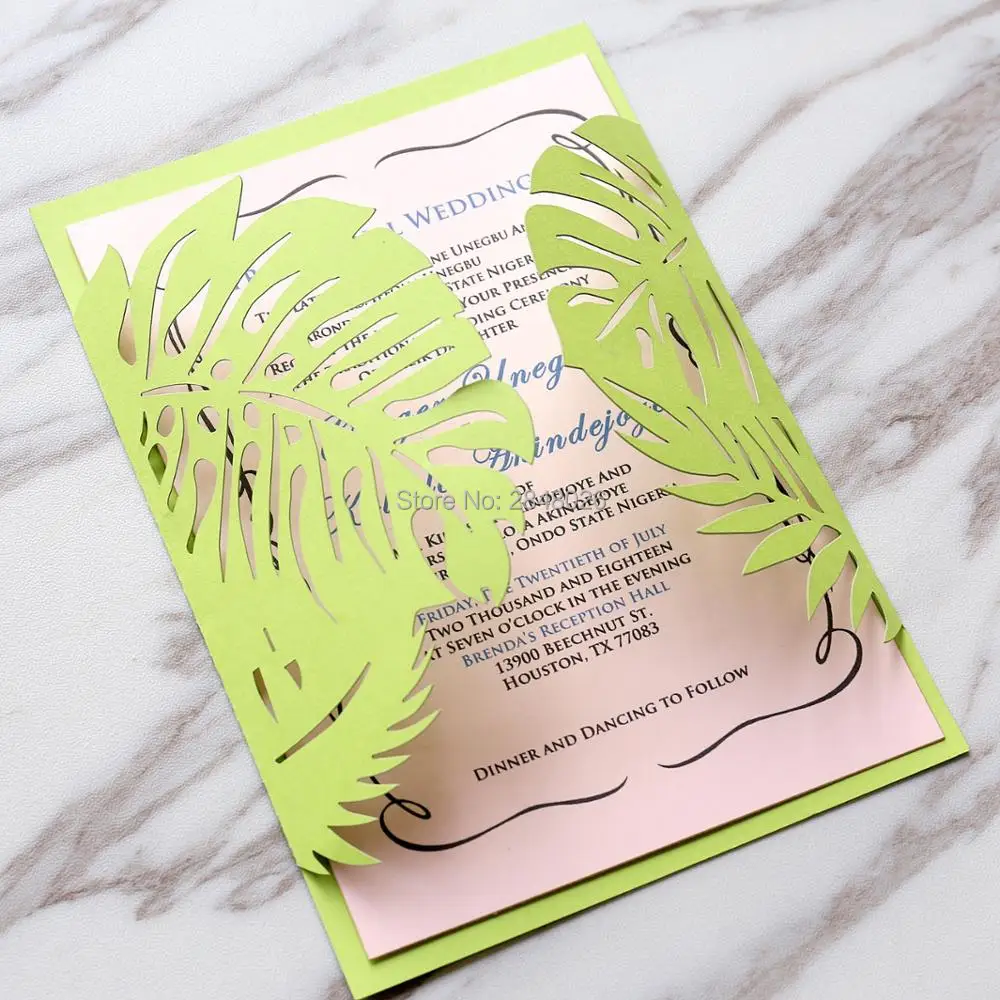 Customized Tropical wedding invitation ,Laser Cut Wedding Invitation,  personalized printed folded cards