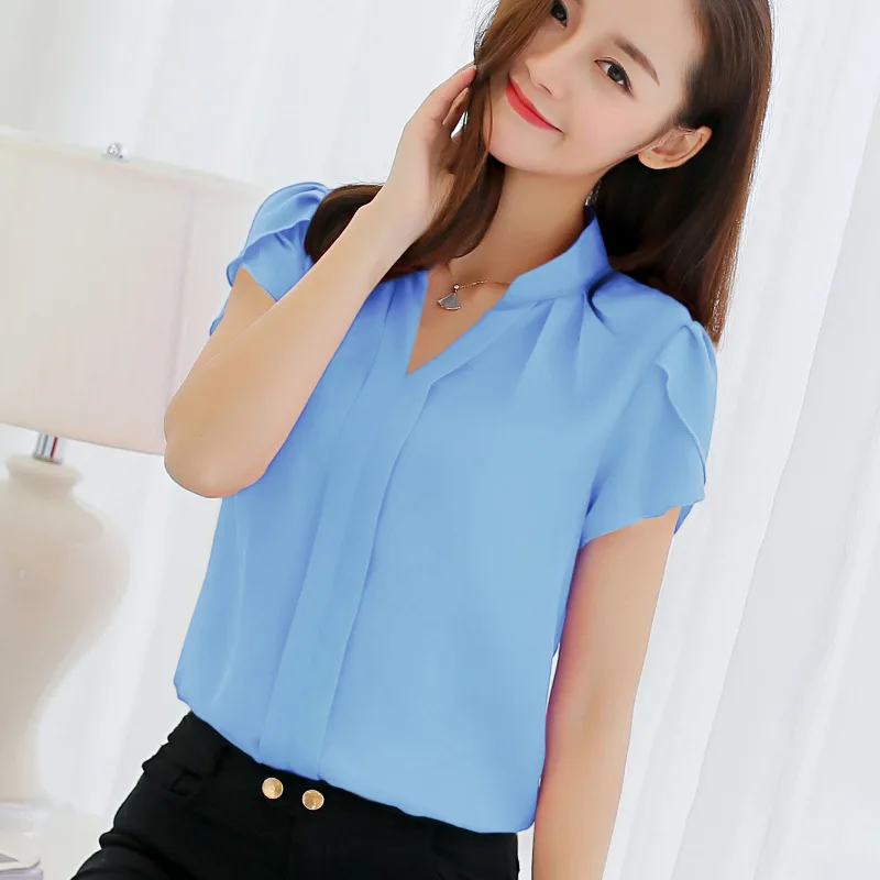 Blouse Women 2021 Office Ladies Chiffon White Shirt Short Sleeve elegant Tops Casual Overalls Female Clothing