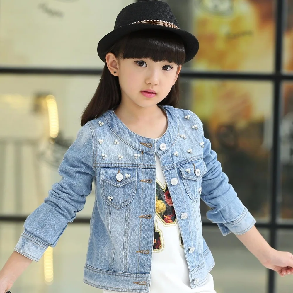 

2023 Spring Fall Girls Fashion Casual Denim Jacket Children's Wear Kids Round Collar Coat With Pearl-Studded Kids Outerwear X1