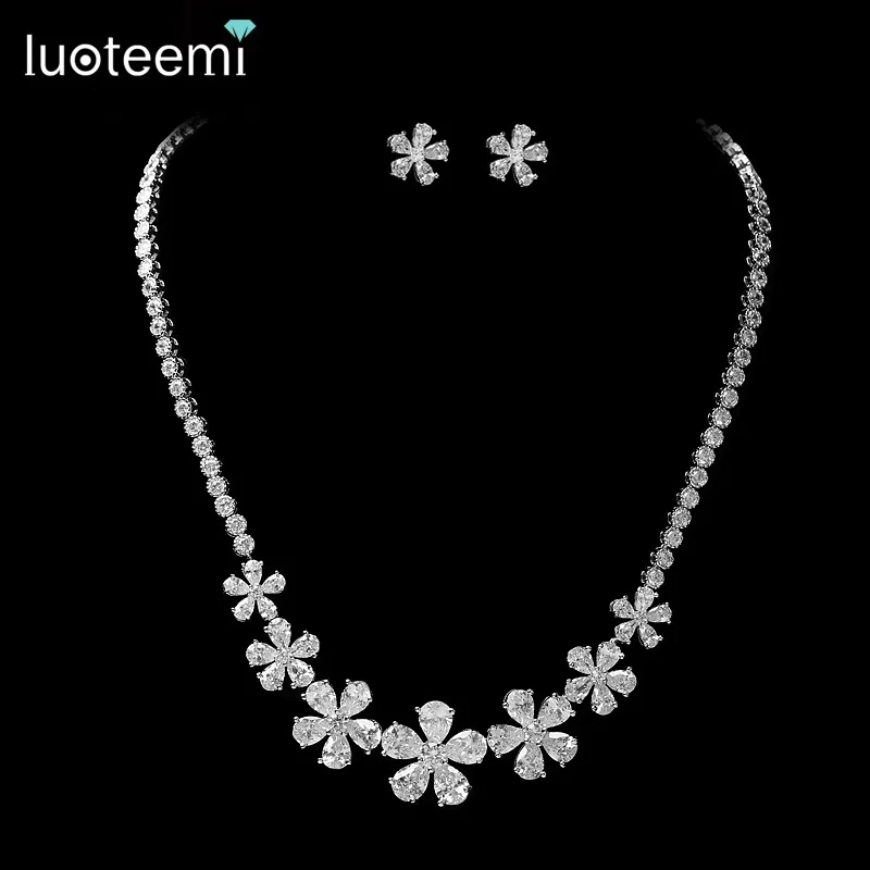 LUOTEEMI  Jewelry Sets Earrings Necklace Sets Clear Cubic Zirconia White Gold-Color For Bridal Women Dinner Wedding Party