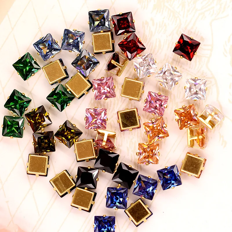 Multicolour Super Flash Square Shape Natural Zircon, Gold/Silver Base Sewing Rhinestone, Diy/Jewellery Accessories 8mm 20pcs/lot