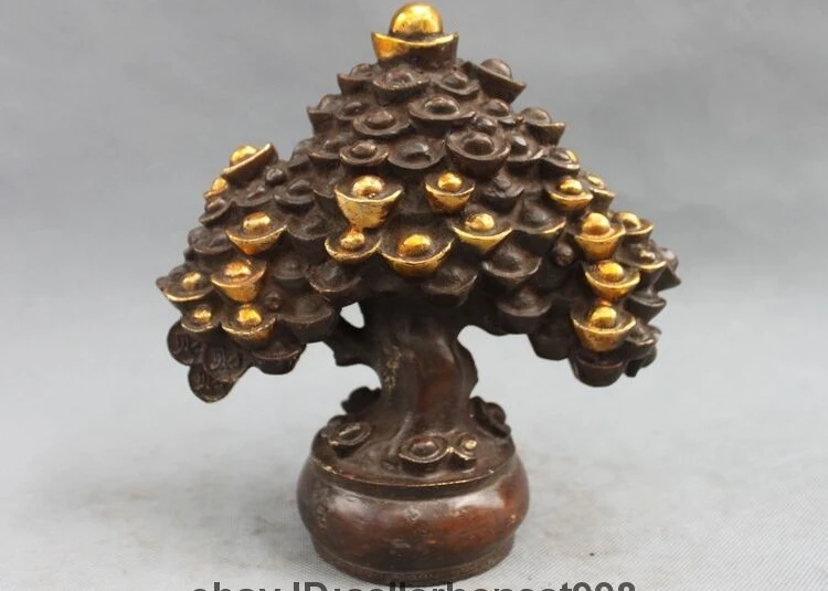 China Fengshui Bronze Gilt lotus flower Yuan Bao Pachira tree Statue 23cm