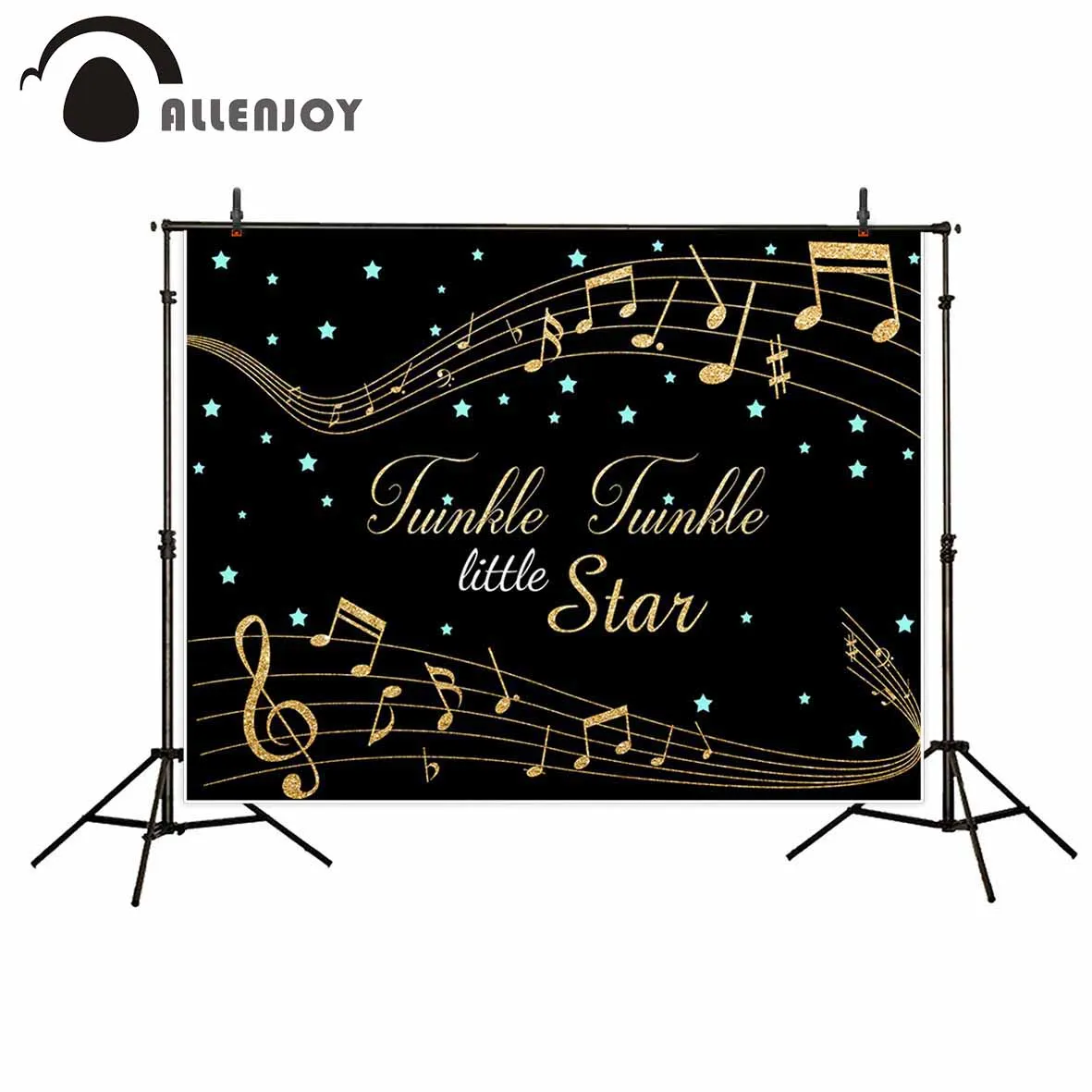 Allenjoy – arrière-plan de photographie, note de musique dorée, étoiles bleues scintillantes, notes de musique, fond noir pour bébé, mur en vinyle