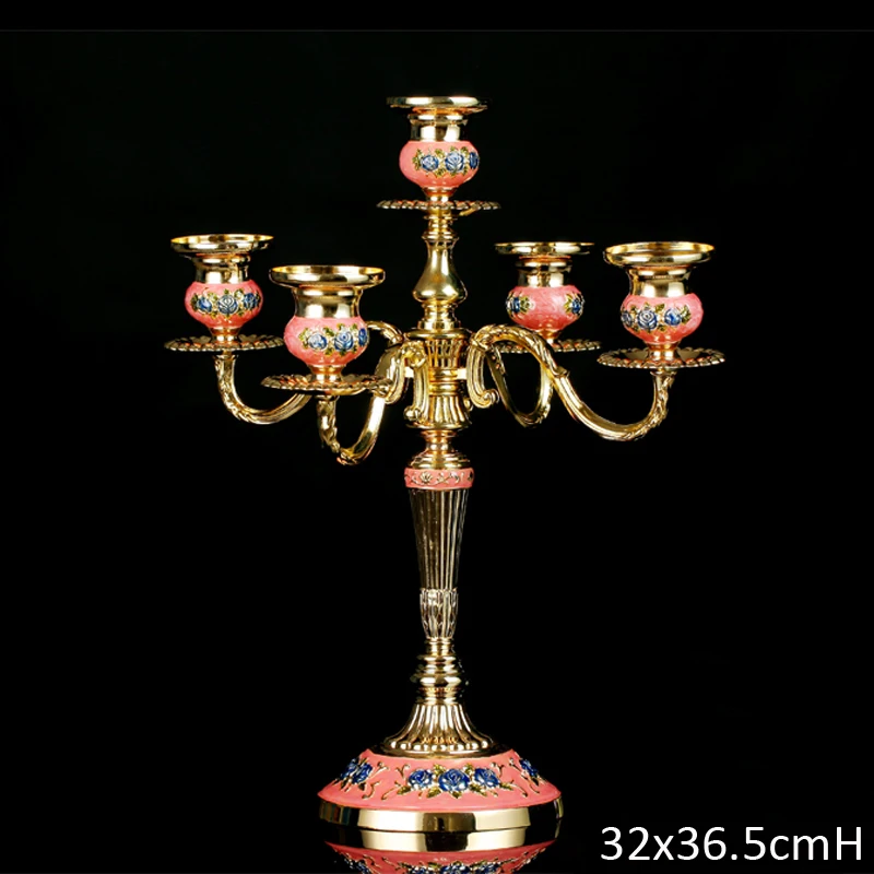 

Classic Embossed Rose Design Shiny Gold Plating With Pink Blue Hand Painted Table Decor 5 Pieces Metal Alloy Stick Candle Holder