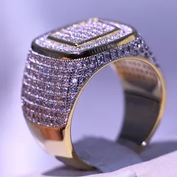 New Arrival Male Luxury Jewelry Stunning 925 Sterling Silver&Gold Filled Pave White CZ Zirconia Party Men Finger Band Ring