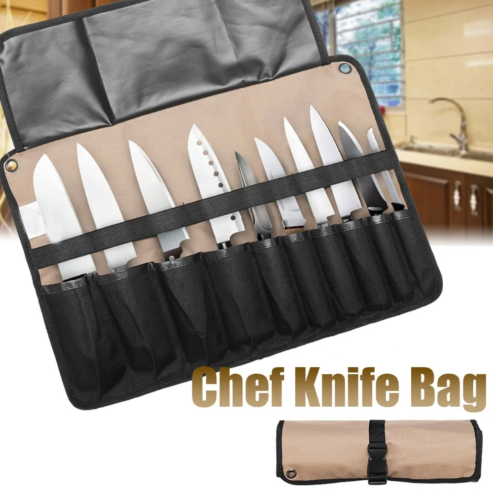 New Coffee 10 Pockets Portable Chef Knife Bag Roll Bag Carry Case Bag Kitchen Cooking Tool Portable Storage Bag Home Garden