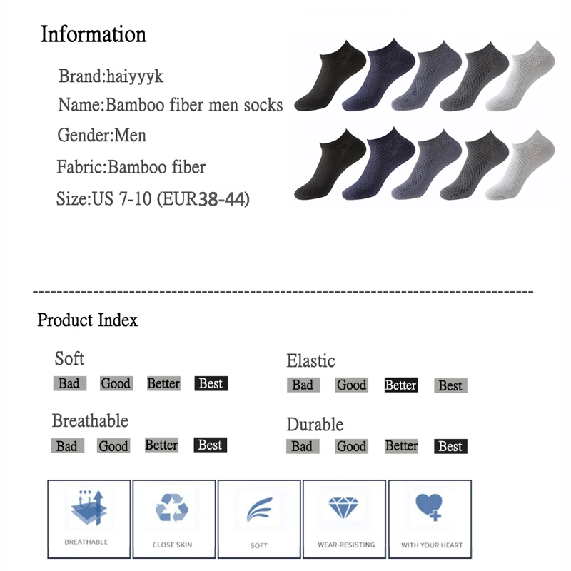Носки мужские из бамбукового волокна 10 пар/лот, повседневные деловые, антибактериальные, дезодорирующие, Дышащие Короткие