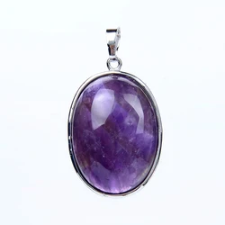 New Simple Oval Silver Plated Purple Amethysts Rose Pink Quartz Lapis Lazuli Natural Stone Pendant for Necklaces Fashion Jewelry