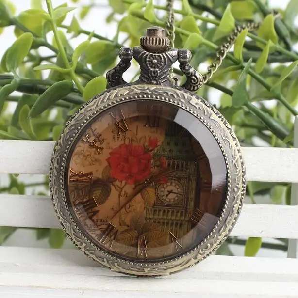 Vintage bronze Dark brown glass Roman clock tower steampunk men and woman chain pocket watches gift pp542