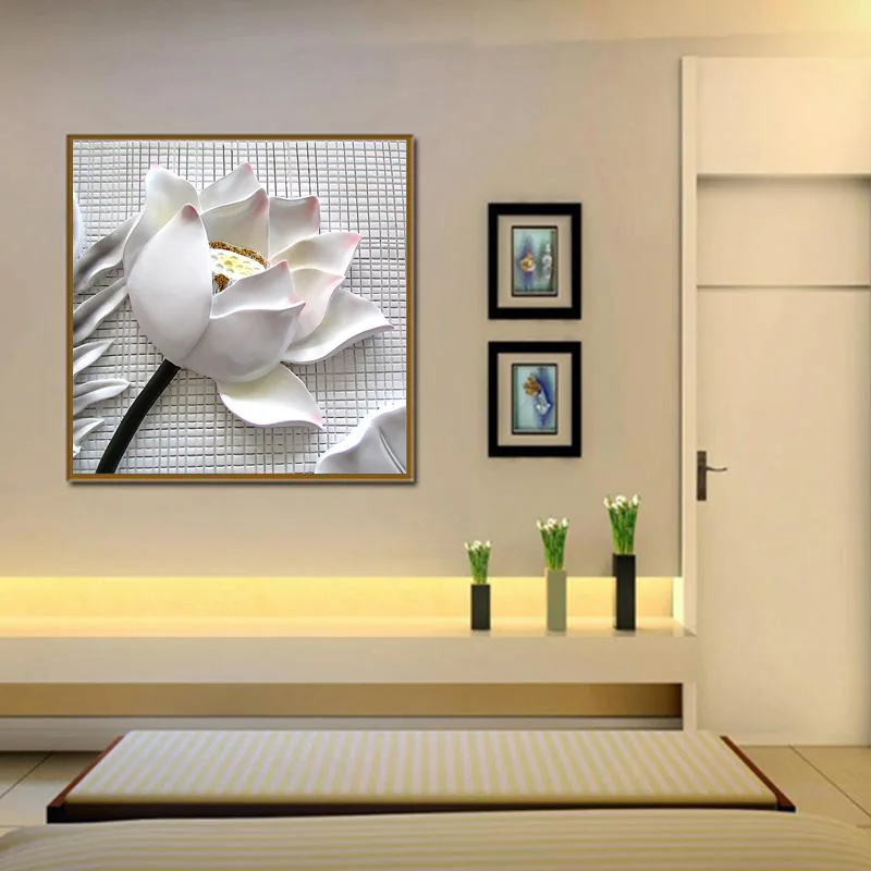 2PCS Modern 3D White Lotus Flowers HD Print Canvas Wall Art Pictures For Living Room The Paintings Abstract Modular Oil Painting