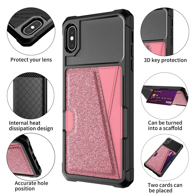 For Apple iPhone 8 7 6 6S Plus XS MAX Case Fashion Glitter Shockproof Hybrid Armor Cover TPU Car Support Protective Ring Shell