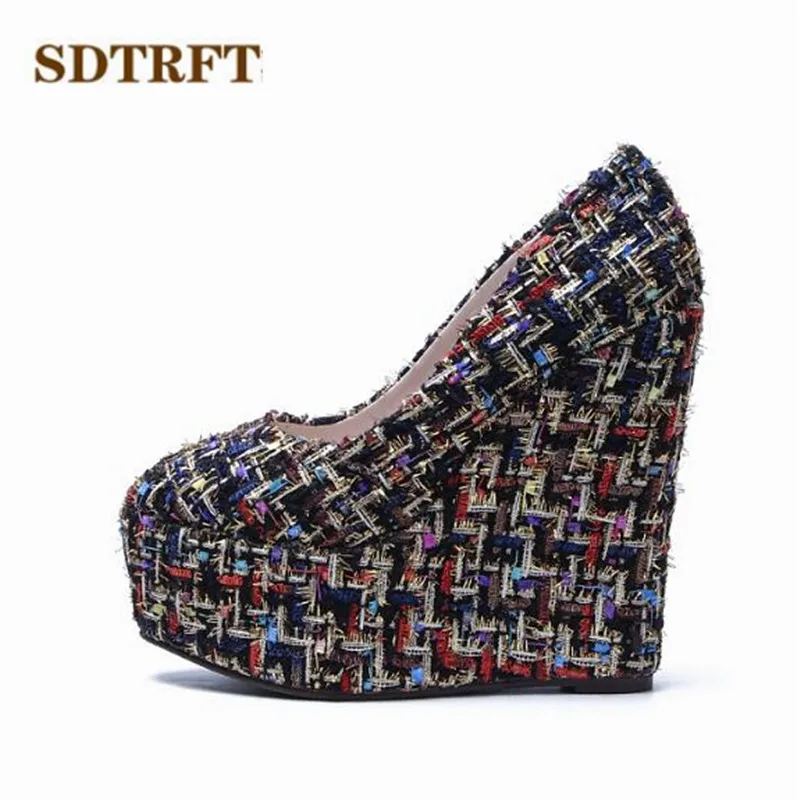 SDTRFT zapatos mujer Round Toe 15cm High-Heeled platform woman SM shoes wedding wedges pumps Small yards:30 31 32 33 34-42 43