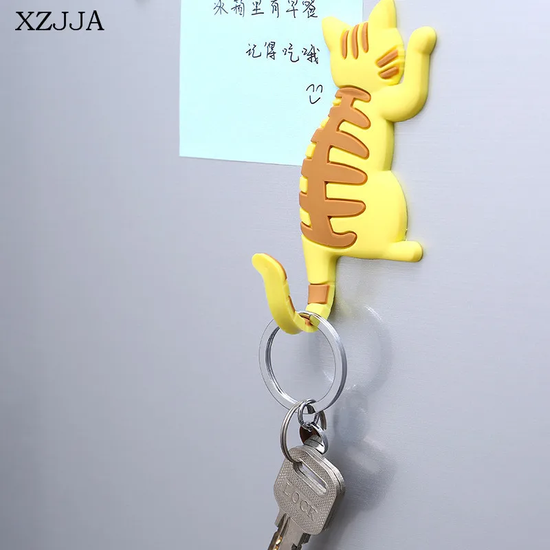 XZJJA Cute Cartoon Cat Fridge Magnet Hooks Portable Keys Sundries Hanger Cute Leave Message Stickers Home Decor Magnetic Hooks