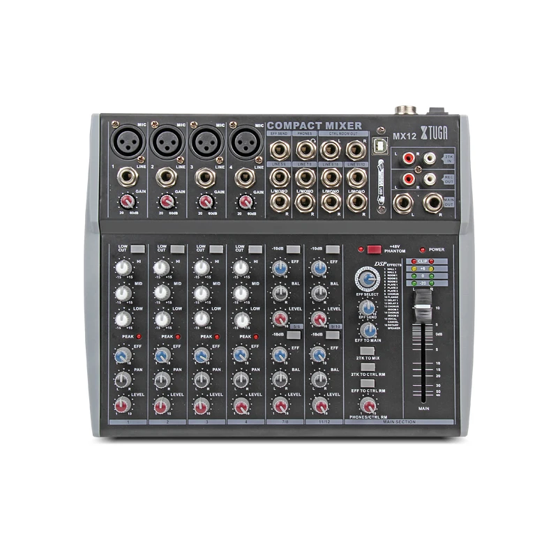 XTUGA 12 Canali Audio Mixer DJ Mixer Mixing Console con USB XLR LINEA di Ingresso 48V Alimentazione Phantom per La Registrazione DJ Della Fase