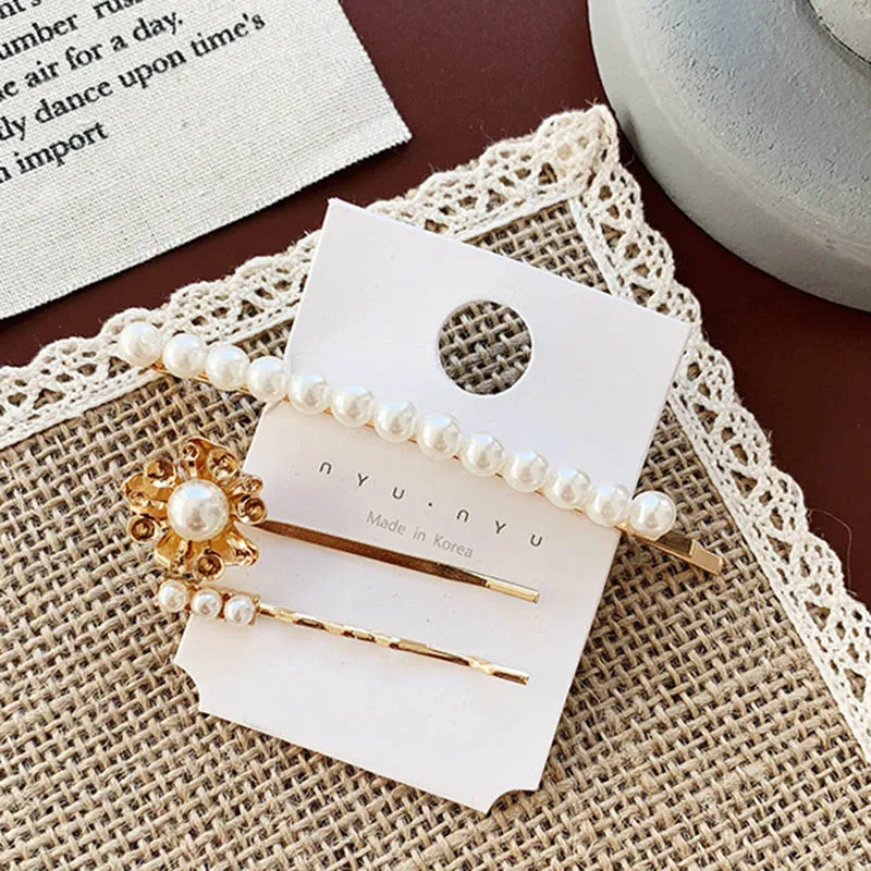 New 1 Set Girl's Hair clips Wavy geometric metal Pearl Flower hairpin set basic bangs clip Korean Hair Accessories Female D2230 image 2