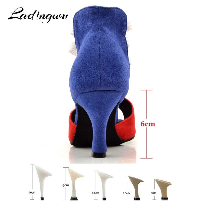 Ladingwu Latin dance shoes Women Suede Red Blue White match wide thin high heel 7.5cm Salsa Performance Ballroom dancing shoes