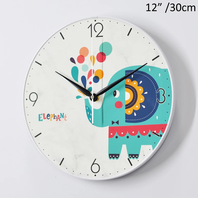 Modern White Blue Elephant MDF Wall Clock Round 12 Inches Single-sided Cartoon Animal Printed Baby Room Wall Decor Marle Clock