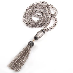 Free Shipping Fashion Bohemian Jewelry 8mm Grey Crystal Glass Knotted Handmake Paved Crystal Tubes Tassel Long Necklace Women