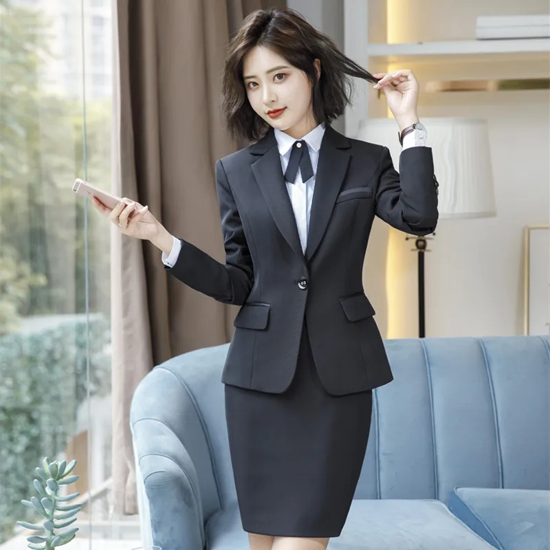 Izicfly-kit de blazer feminino, uniforme feminino elegante, cinza, primavera/outono, conjunto de blazer de escritório para mulheres, roupa de