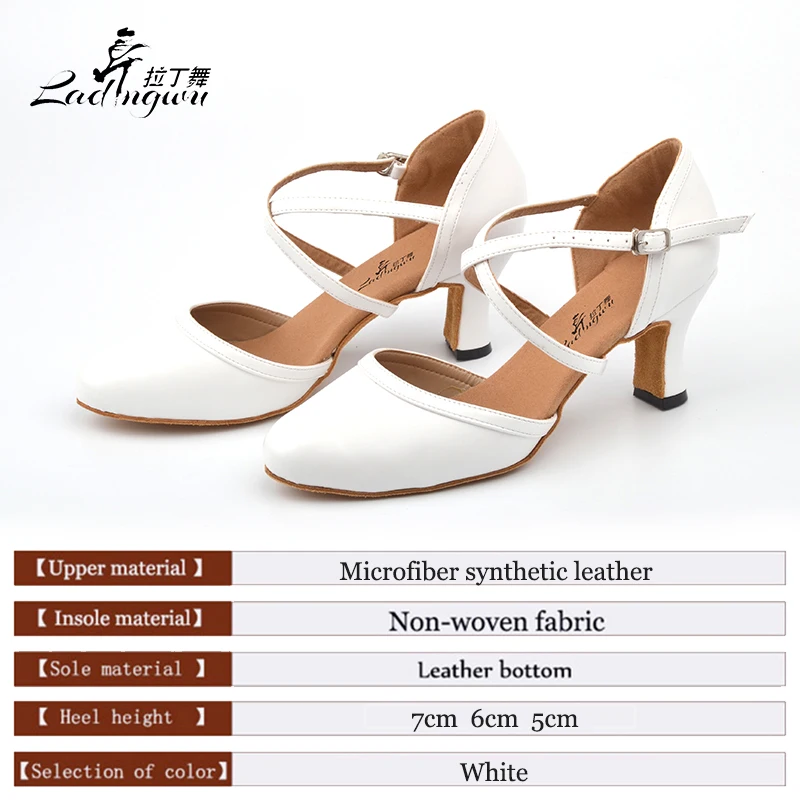 Ladingwu White Soft Bottom Closed toe Ballroom Dance Competition Shoes Microfiber Synthetic Leather Latin Dance Shoes Woman