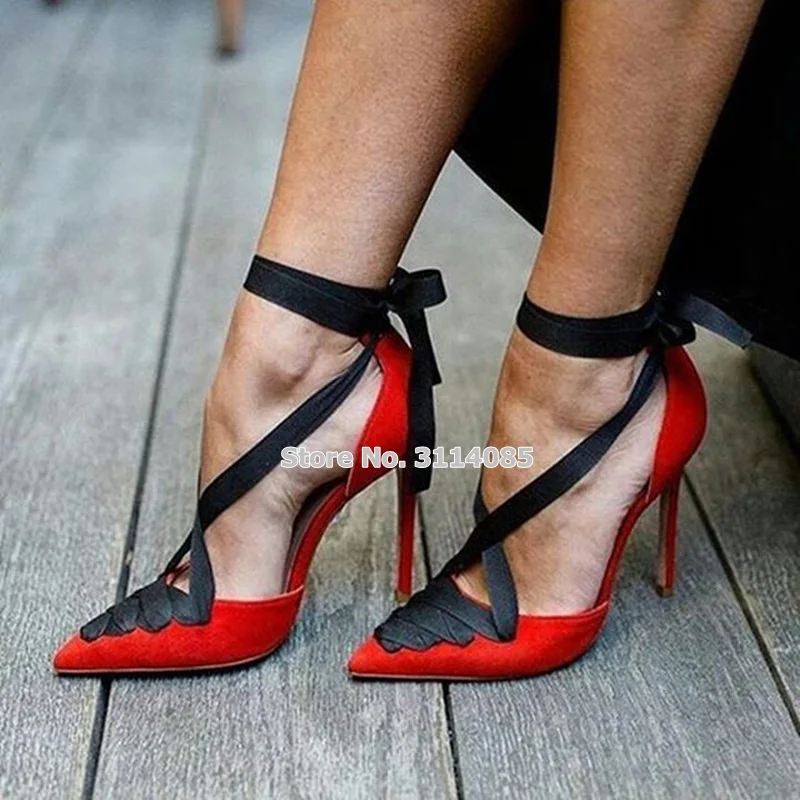 Women Elegant Red Suede Black Ribbon Mixed Color Dress Pumps Stiletto Heel Pointed Toe Shoe Cross Strappy Lace-up Wedding Shoes