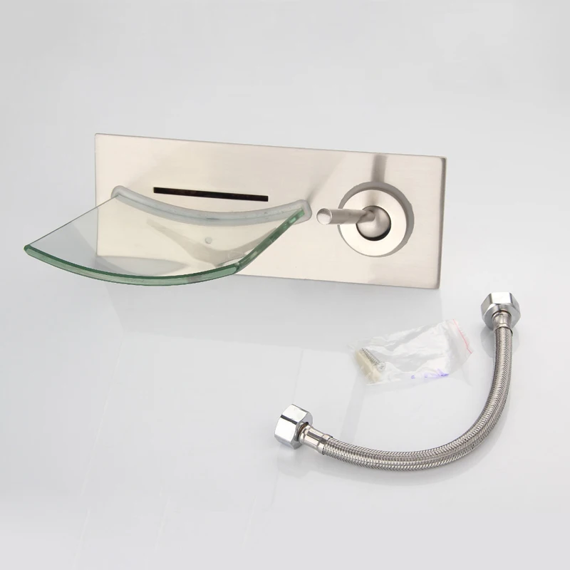 Wall Mount LED Brass Concealed Glass Waterfall Bathroom Sink Mixer Tap Brushed Nickel Color Change Basin Faucet NL705