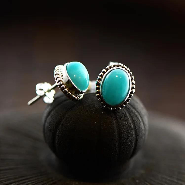 Silver Inlaid Amazonite Stud Earrings Twisting Point  Elliptical Stud Earrings Contracted Female Unique Craft Jewelry