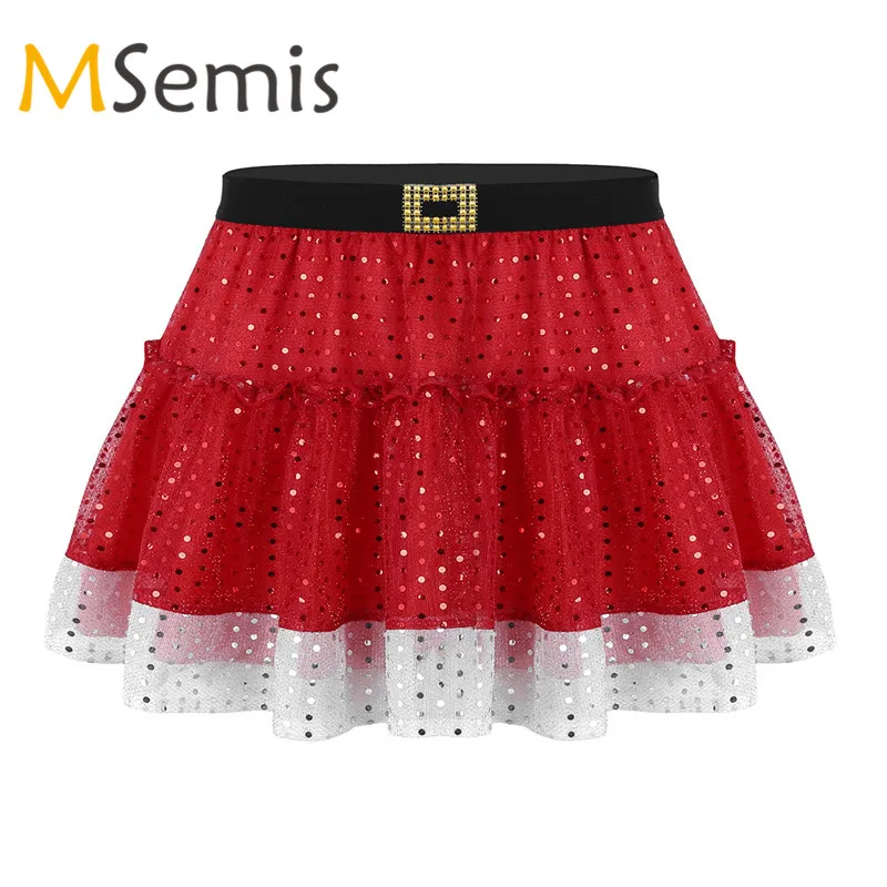 

Womens Ballet Dance Skirt Girls Latin Dance Skirt Red Sequins Short Skirt Fancy Performance Party Costume Christmas Dress Up