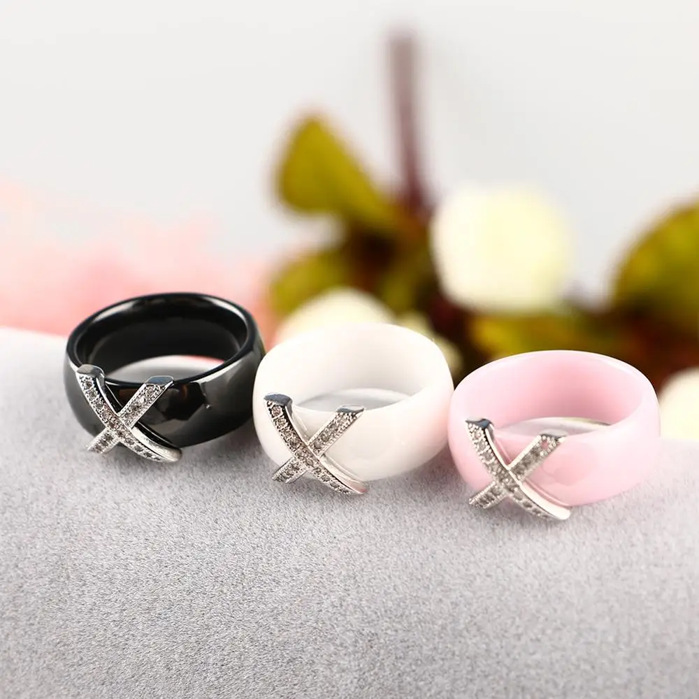 Fashion Jewelry Women Ceramic Rings 8mm X Cross With AAA Crystal For Women Elegant Simple Design Wedding Party Accessories Gifts