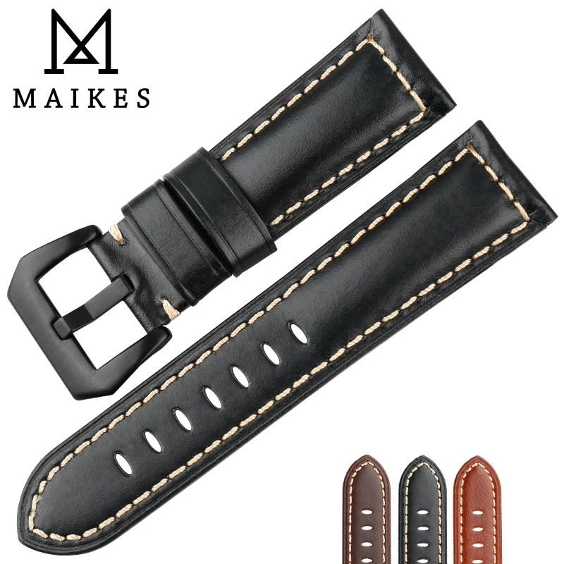 MAIKES Hot Selling Watch band Genuine Cow Leather Watch Strap 26mm 24mm 22mm Watch Accessories Black Watchband For Panerai