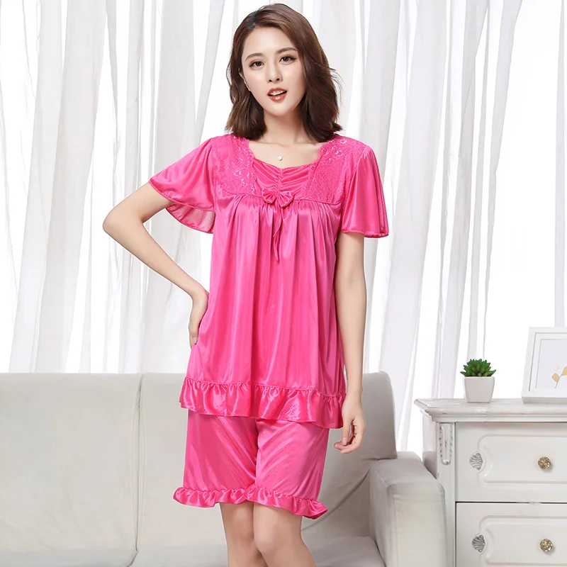 Sexy Short Sleeve Casual Slim Solid Women Lingerie Silk Women Pajamas Set Home Clothing