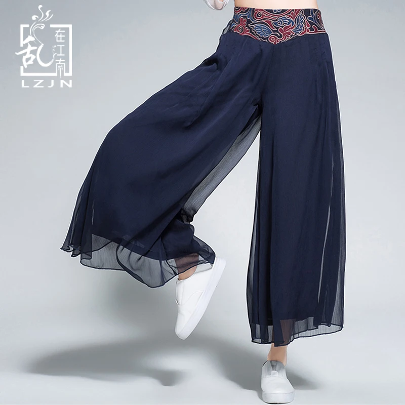 LZJN-Chiffon Palazzo Pants for Women, Wide Leg Culottes, Embroidery, Elastic Waist, Ankle Length, Cropped Trousers, Summer,