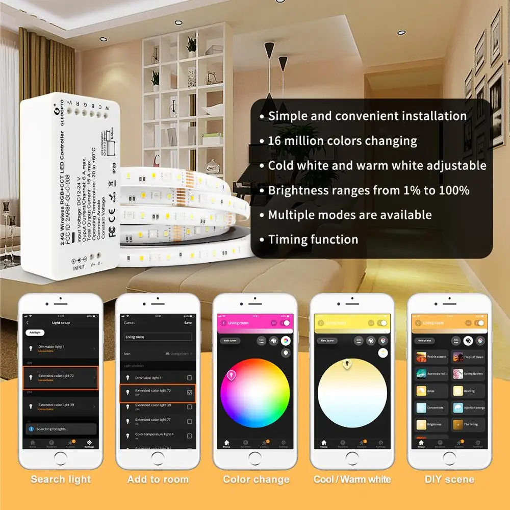 GLEDOPTO ZigBee 3.0 DC12-24V RGB+CCT RGBW WWCW ZigBee Smart LED Strip Controller Voice Control Work with Echo Plus SmartThings