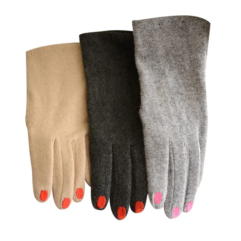 Fashion Elegant Female Wool Knit Embroidery Touch Screen Gloves Winter Women Warm Cashmere Full Finger Leather Bow Gloves C24