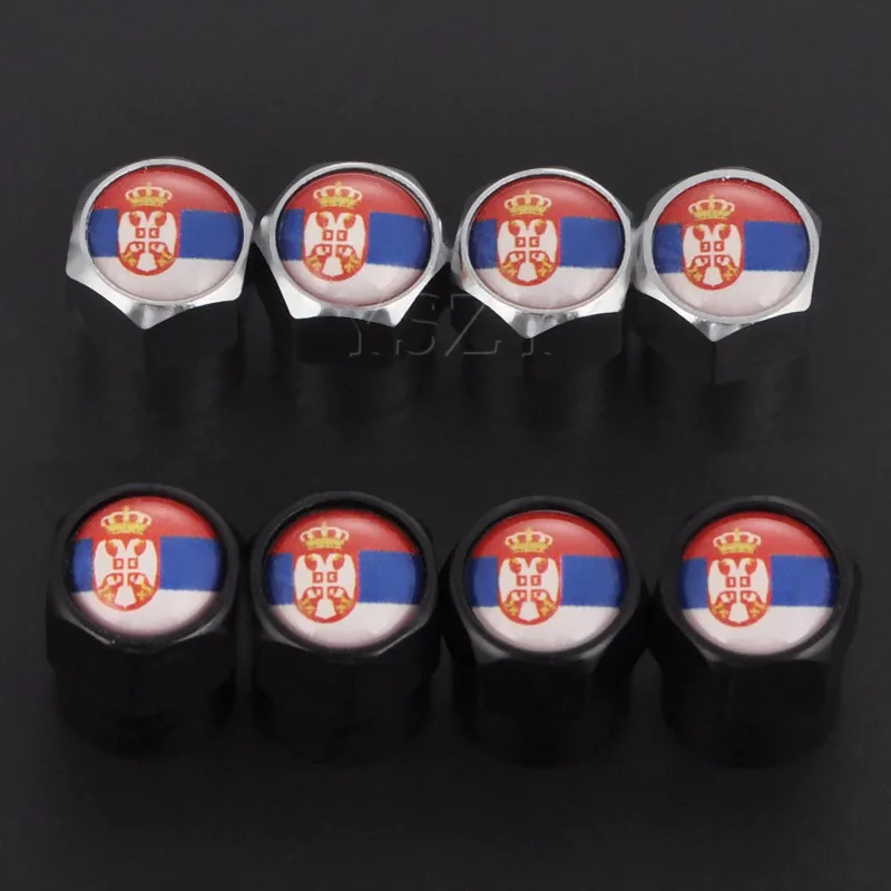 Serbian Flag Auto Car Tire Valve Caps Metal Bicycle Tire Caps Car Wheel Tyre Air Valve Dust Cover for BMW Audi Toyota Honda 4Pcs